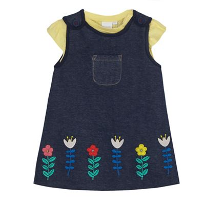 Baby girls' yellow butterfly pointelle top and navy pinafore set